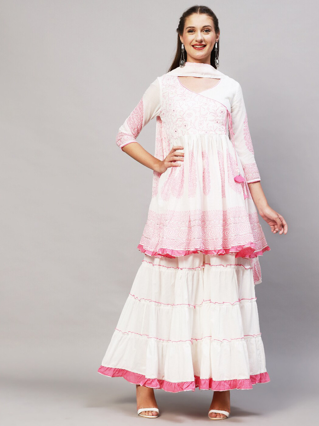 

FASHOR Women White Floral Printed Empire Mirror Work Kurta with Sharara & With Dupatta