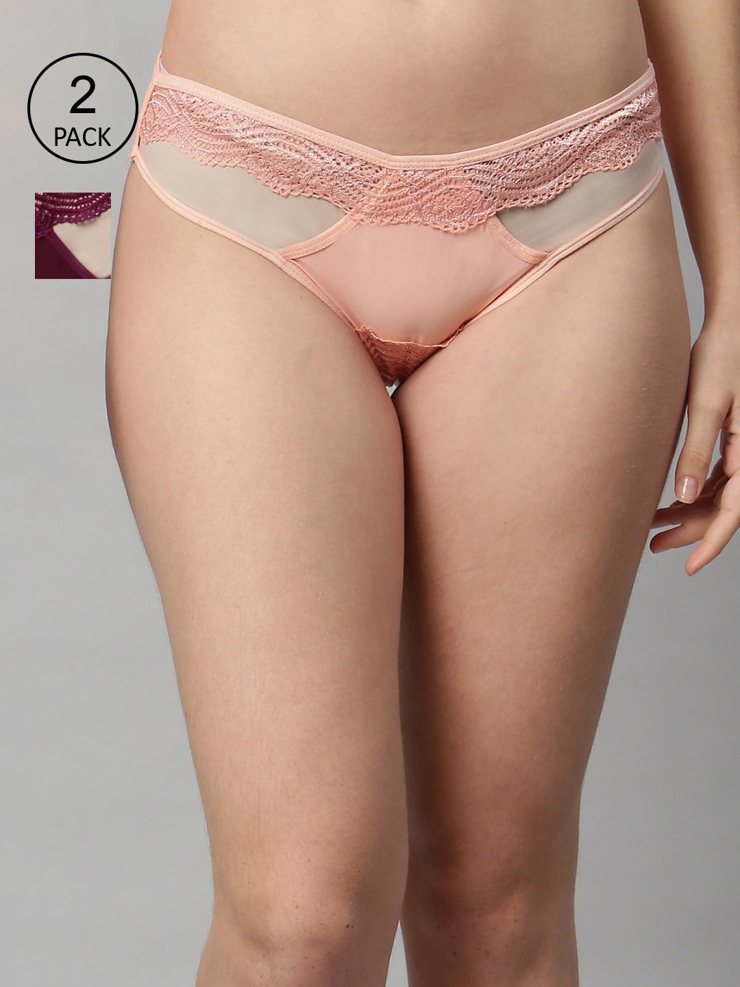 

CUKOO Women Pack Of 2 Peach & Burgundy Lace Briefs