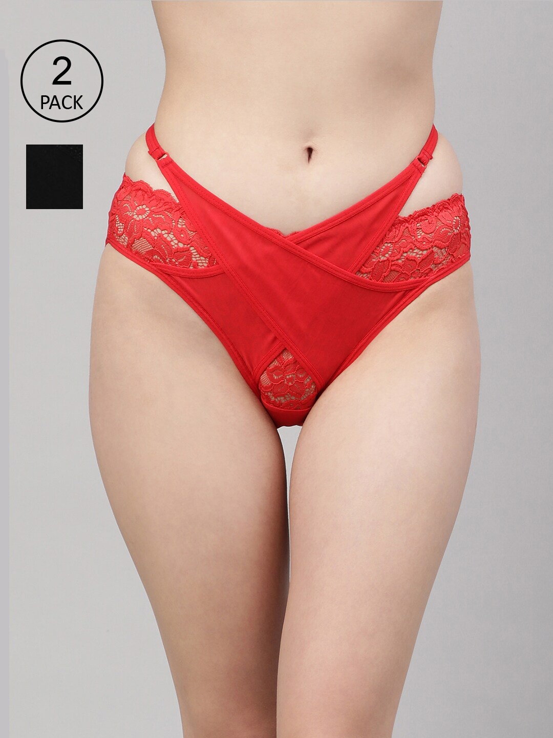 

CUKOO Women Pack Of 2 Red & Black Solid Bikini Lace Briefs