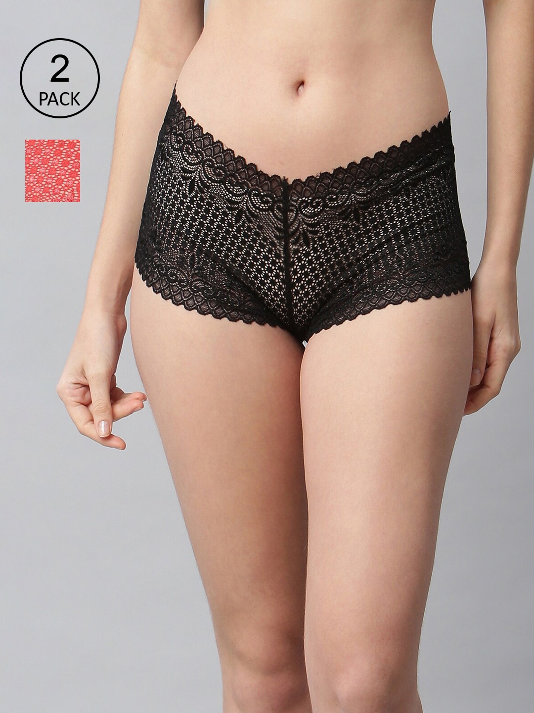 

CUKOO Pack Of 2 Women Black & Red Solid Hipster Lace Briefs