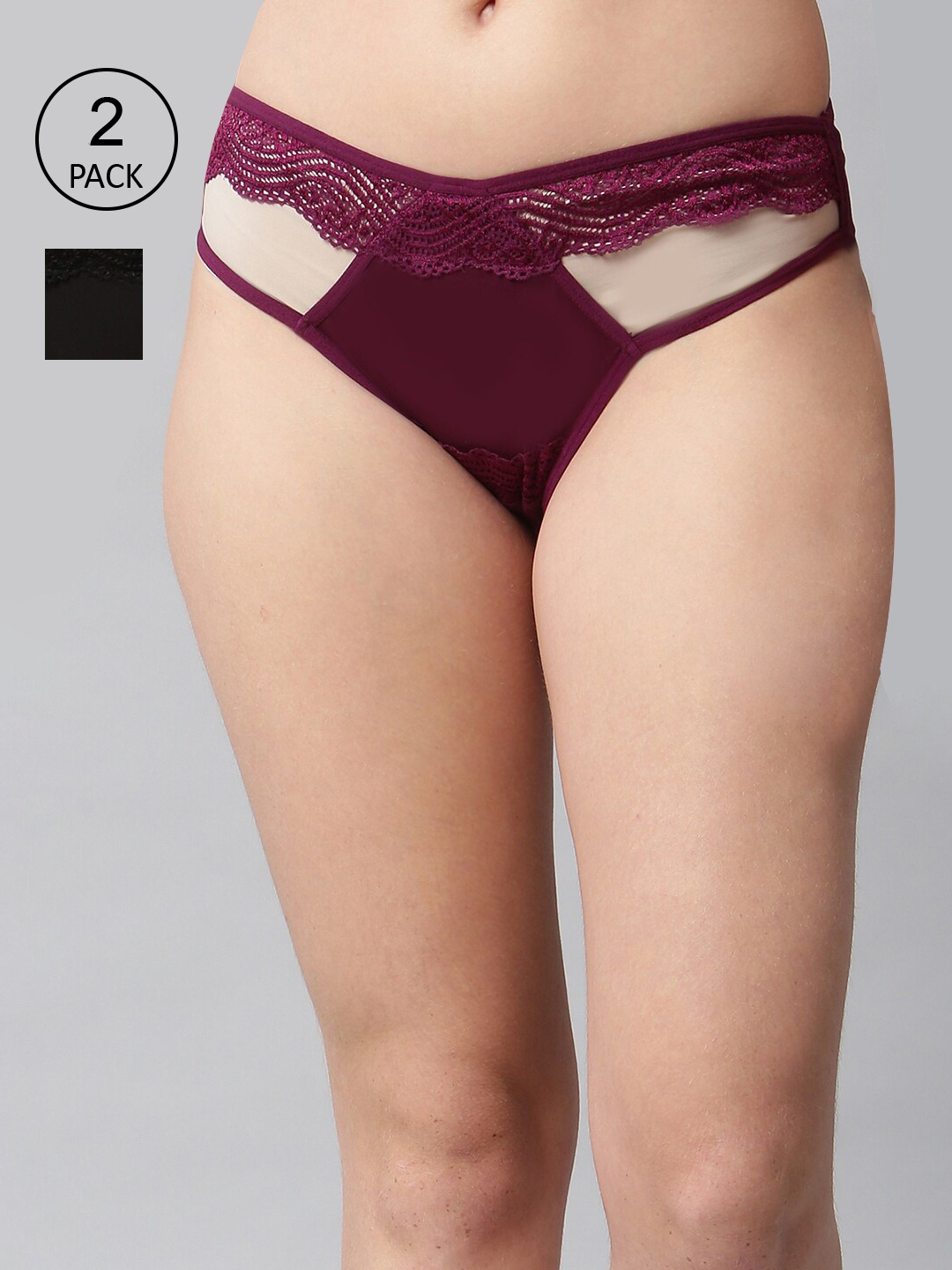 

CUKOO Women Pack Of 2 Self Design Bikini Lace Briefs, Burgundy