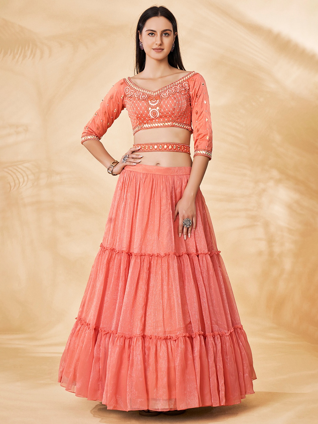 

DRESSTIVE Coral & Gold-Toned Semi-Stitched Lehenga & Unstitched Blouse With Dupatta