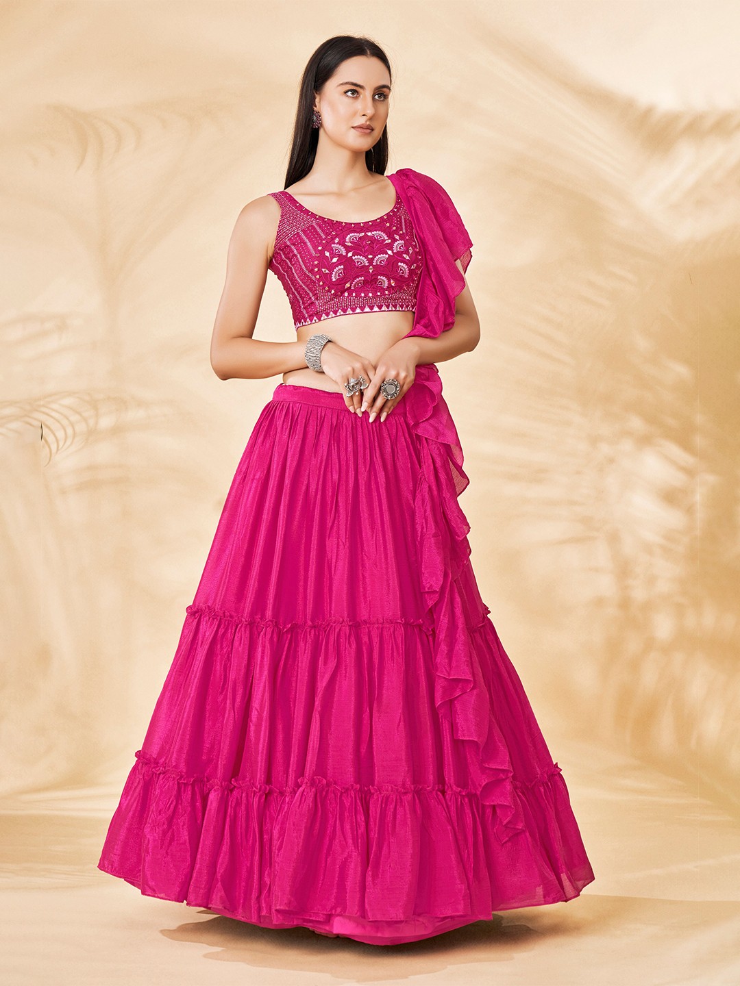 

DRESSTIVE Pink Embroidered Mirror Work Semi-Stitched Lehenga & Unstitched Blouse With Dupatta