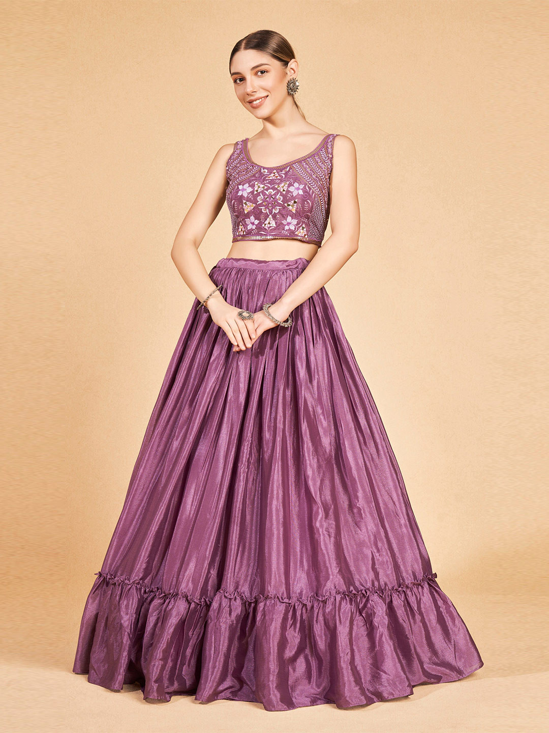 

DRESSTIVE Purple Embroidered Mirror Work Semi-Stitched Lehenga & Unstitched Blouse With Dupatta