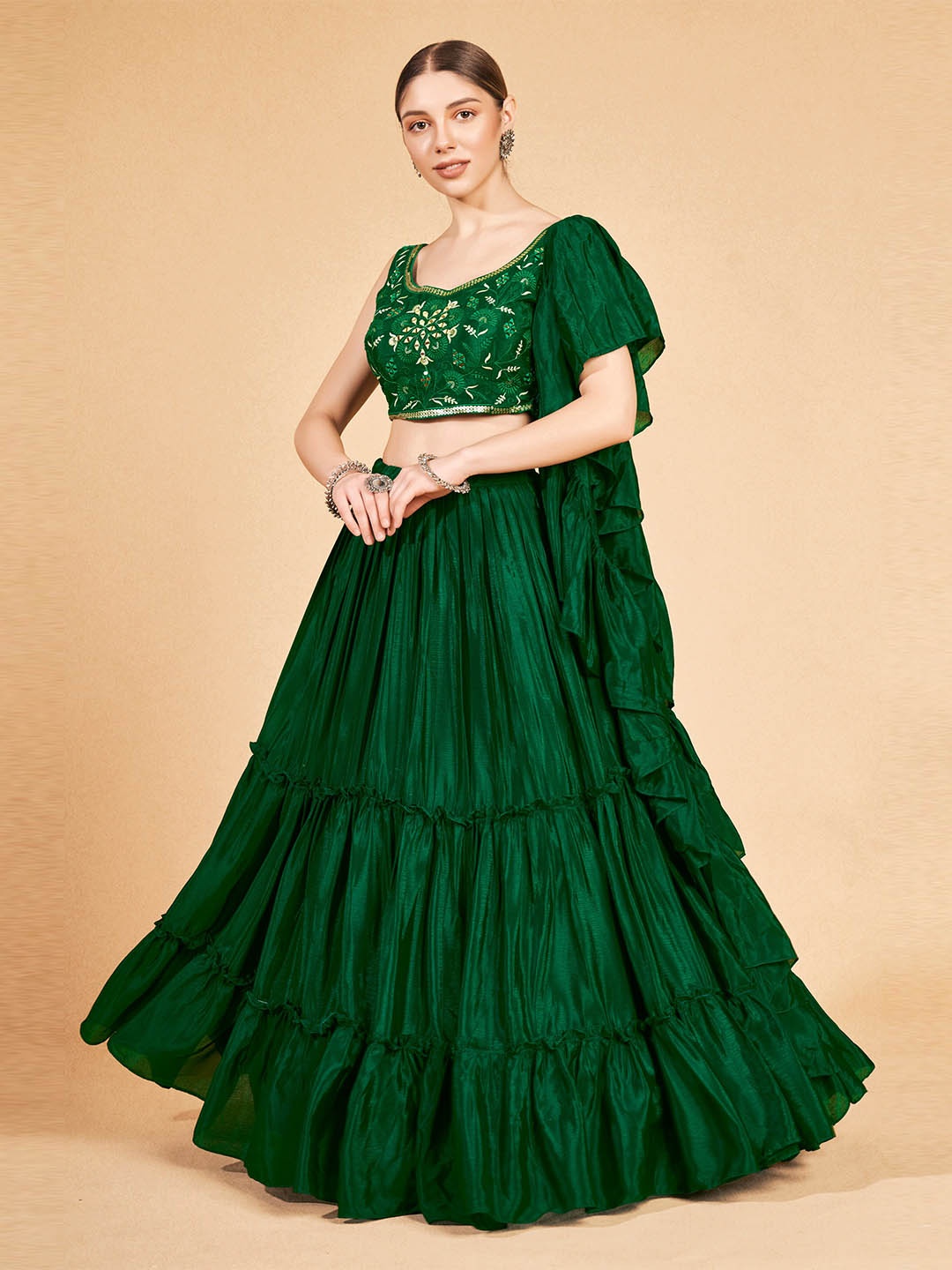 

DRESSTIVE Green Embroidered Mirror Work Semi-Stitched Lehenga & Blouse With Dupatta