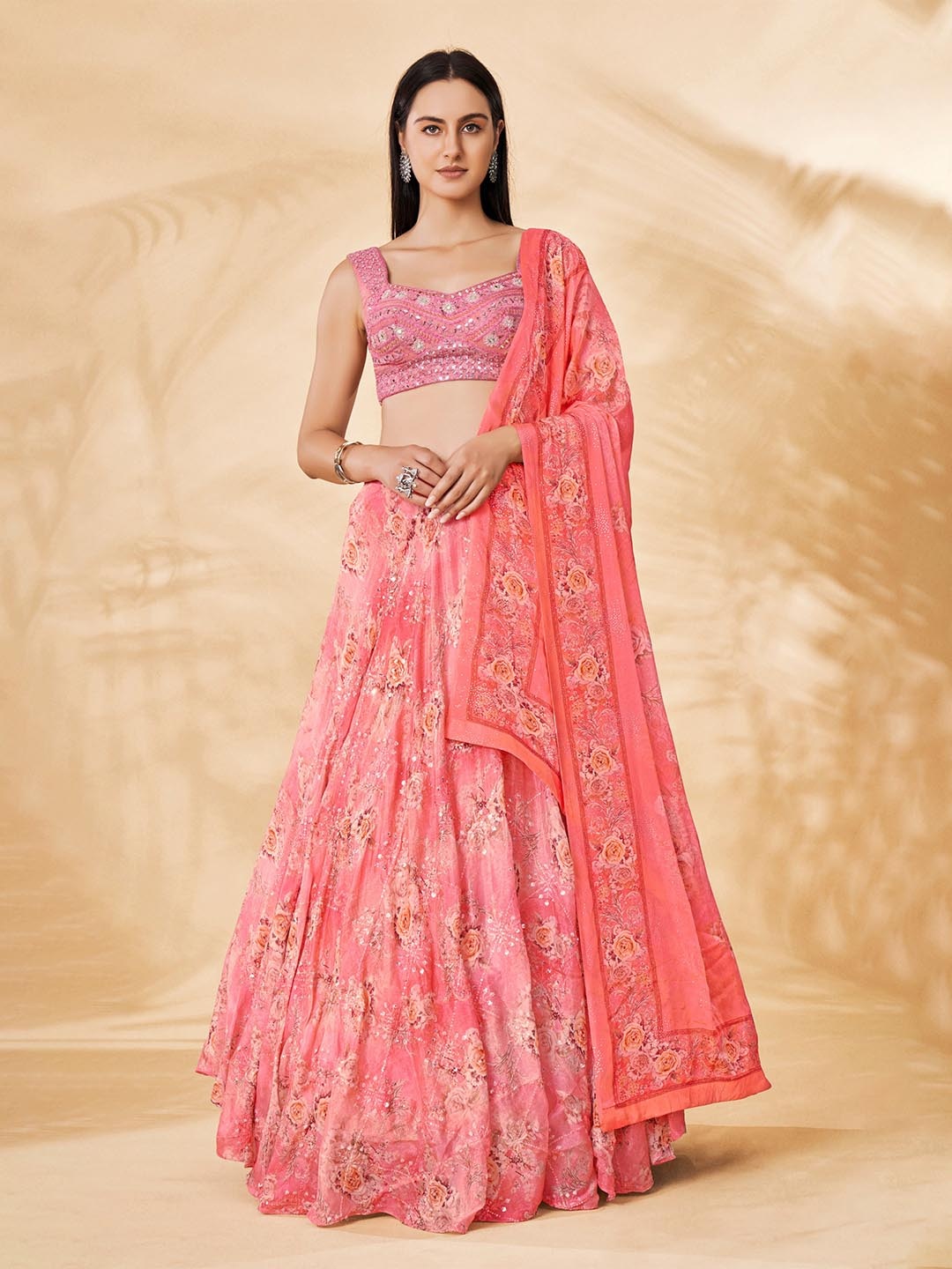 

DRESSTIVE Peach-Coloured Embroidered Mirror Work Semi-Stitched Lehenga & Unstitched Blouse With Dupatta