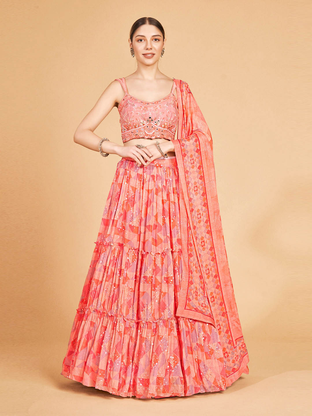 

DRESSTIVE Pink Embroidered Mirror Work Semi-Stitched Lehenga & Unstitched Blouse With Dupatta