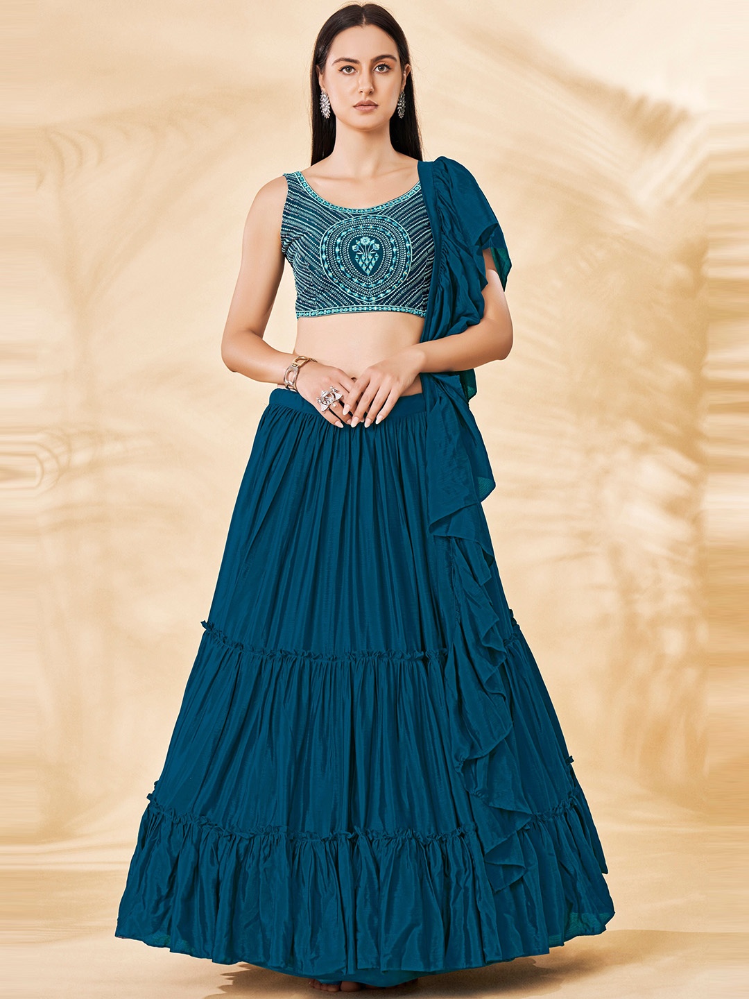 

DRESSTIVE Blue Embroidered Mirror Work Semi-Stitched Lehenga & Unstitched Blouse With Dupatta