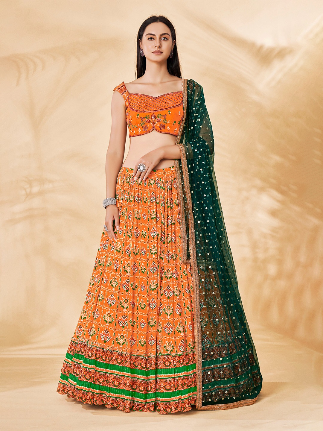 

DRESSTIVE Mustard & Green Semi-Stitched Lehenga & Unstitched Blouse With Dupatta