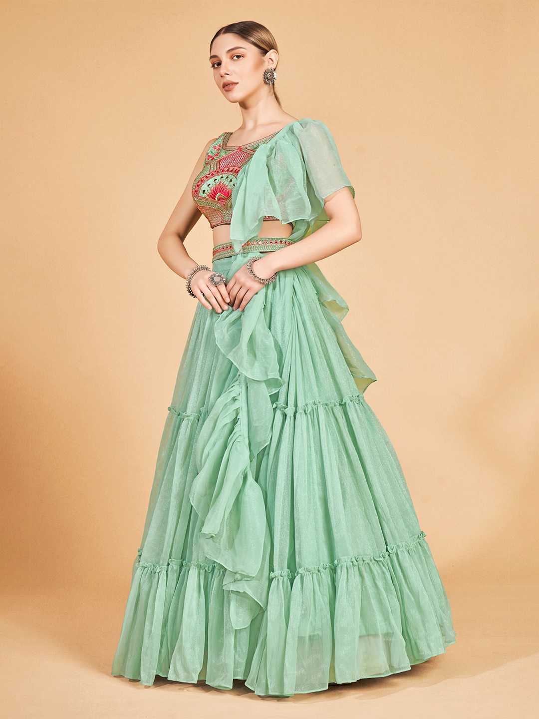 

DRESSTIVE Green & Pink Embellished Semi-Stitched Lehenga & Unstitched Blouse With Dupatta