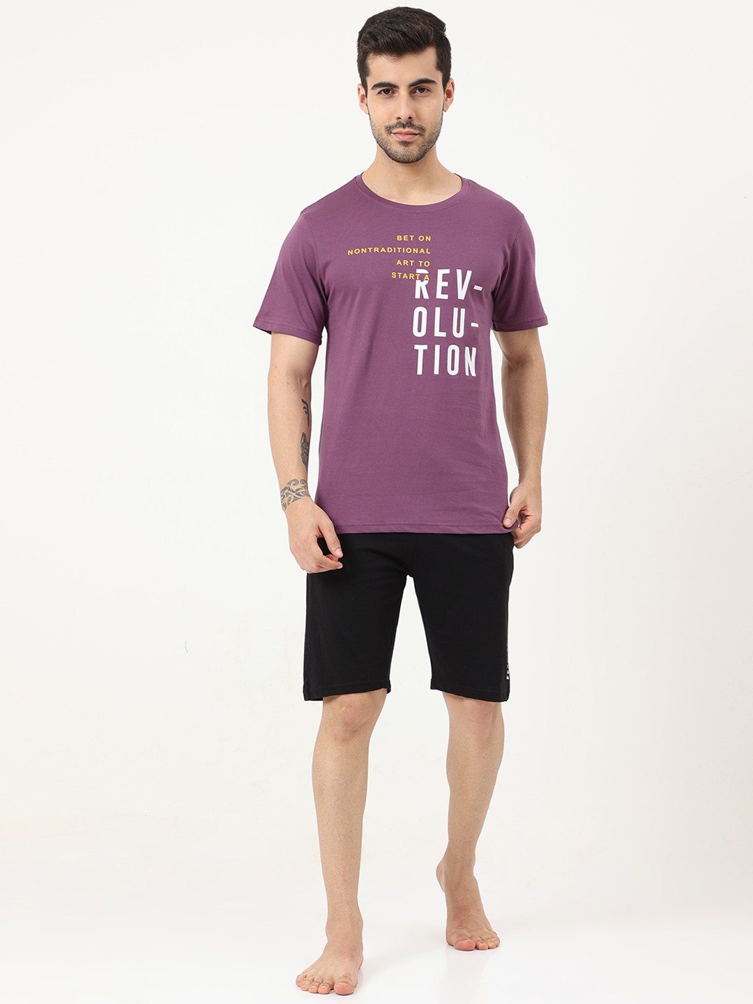

Masculino Latino Men Purple & Black Printed Pure Cotton Night suit