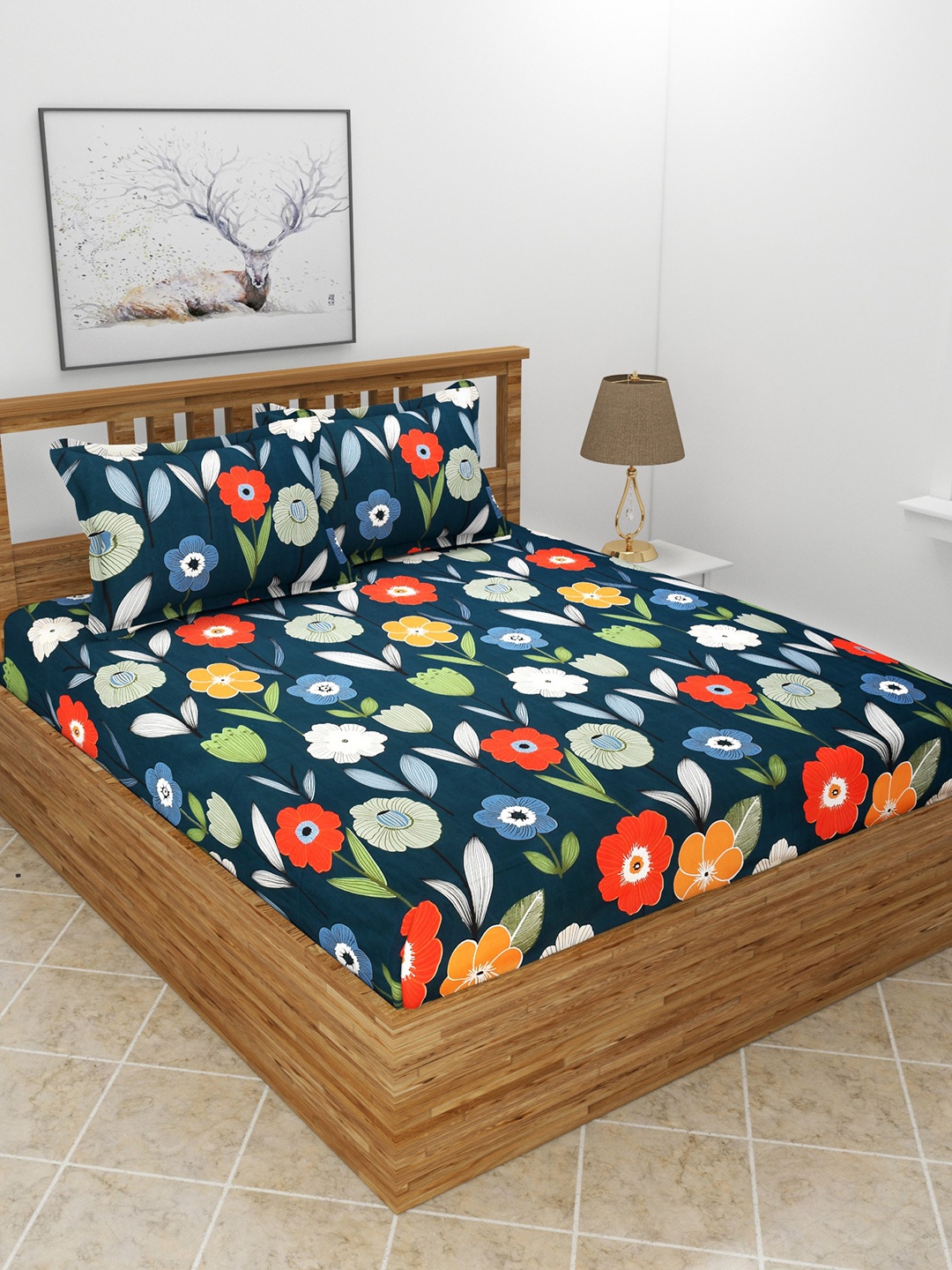 

MORADO Teal & Green Floral Printed 180 TC Queen Bedsheet with 2 Pillow Covers