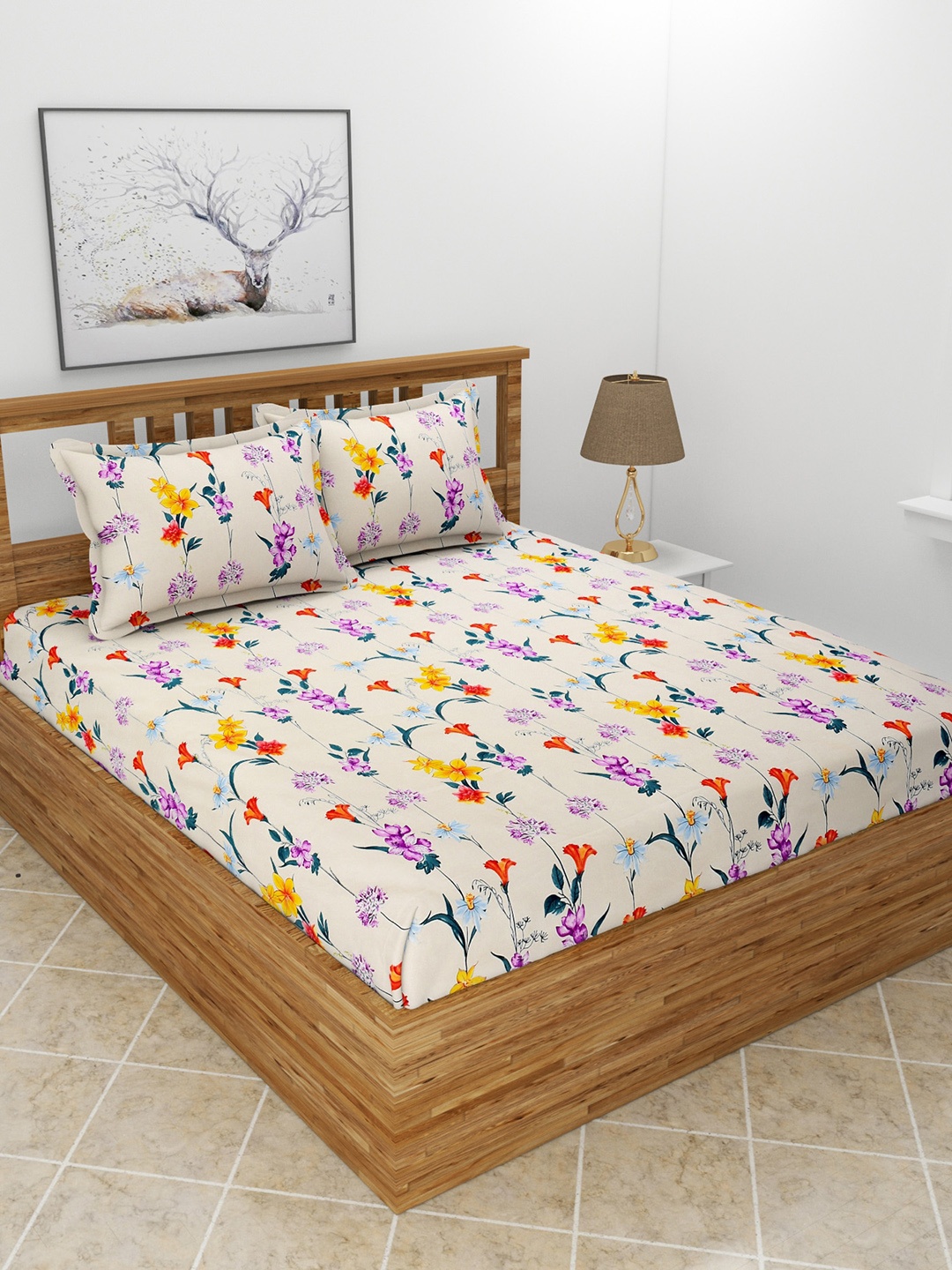 

MORADO Off White & Purple Floral 180 TC Queen Bedsheet with 2 Pillow Covers