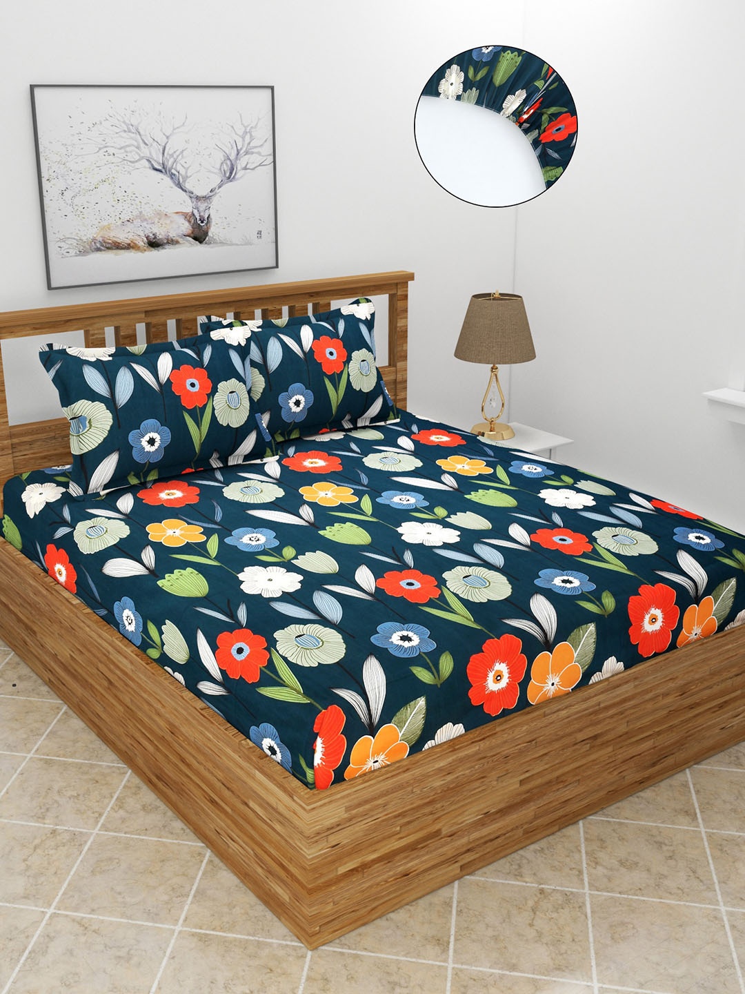 

MORADO Blue & Red Floral 180 TC Fitted Queen Bedsheet with 2 Pillow Covers
