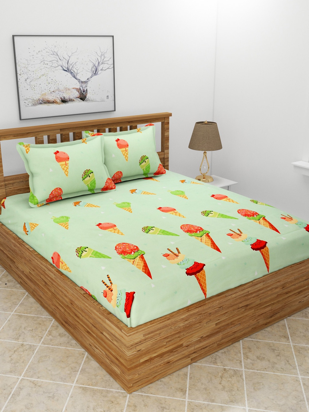 

MORADO Green & Orange Conversational 180 TC Queen Bedsheet with 2 Pillow Covers