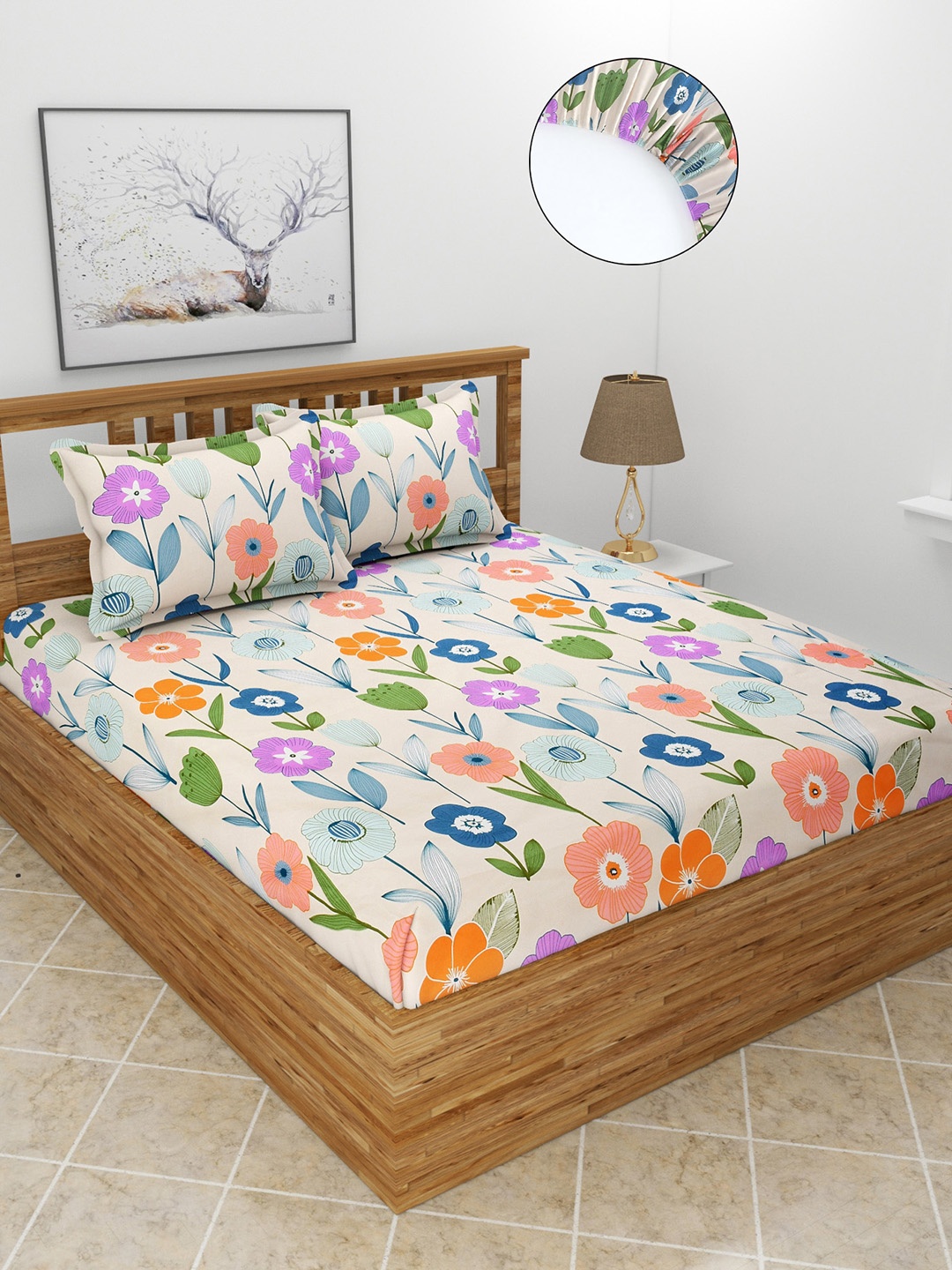 

MORADO Off White & Purple Floral 180 TC Fitted Queen Bedsheet with 2 Pillow Covers