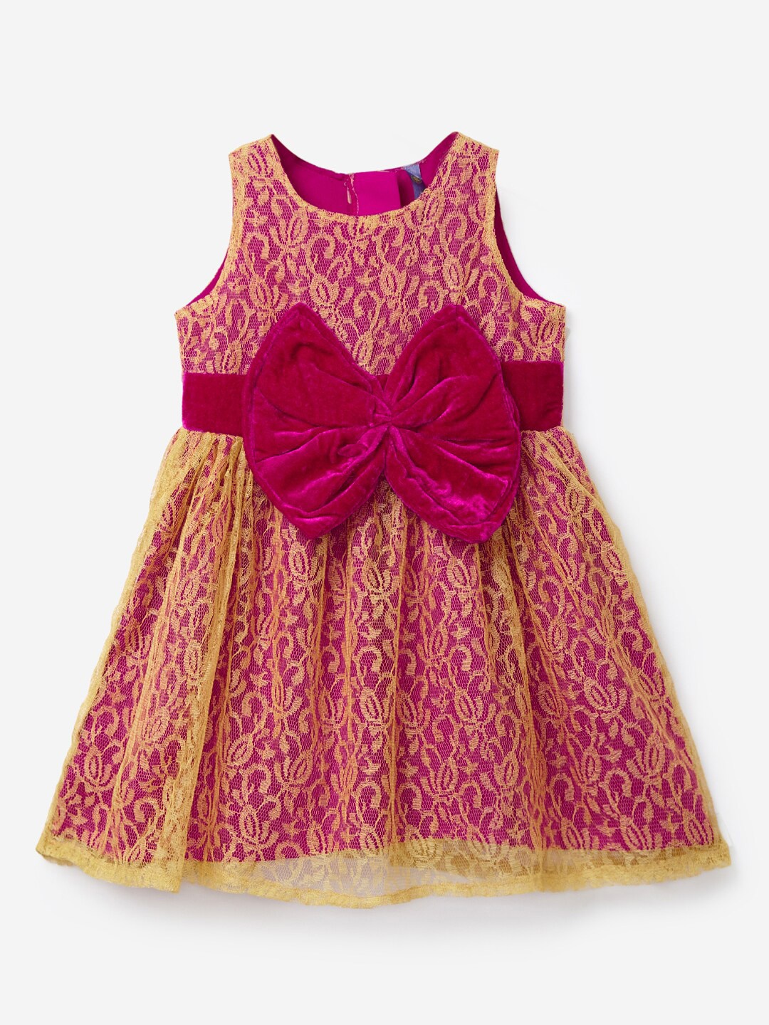 

YK Girls Pink & Yellow Fit & Flare Lace Dress with Big Bow