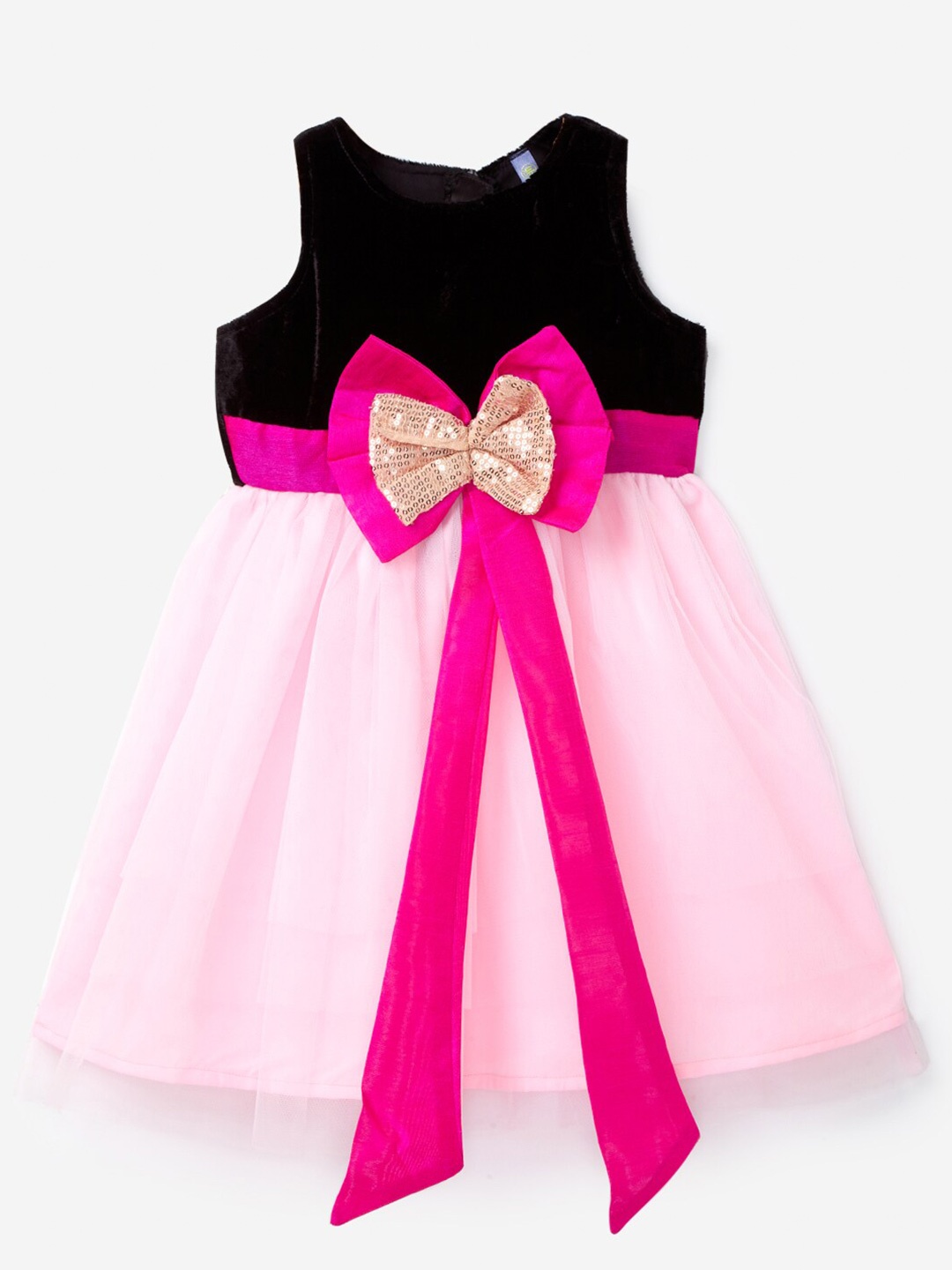 

YK Girls Pink & Black Partywear Fit & Flare Dress with Big Bow
