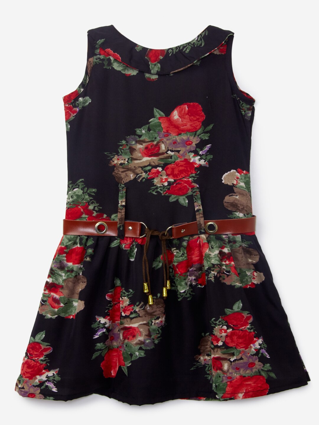 

K&U Girls Black Floral Crepe A-Line Dress
