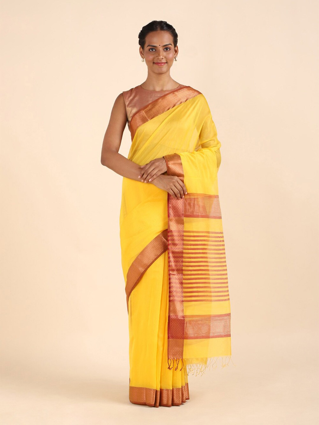 

Taneira Yellow & Red Silk Cotton Maheshwari Saree