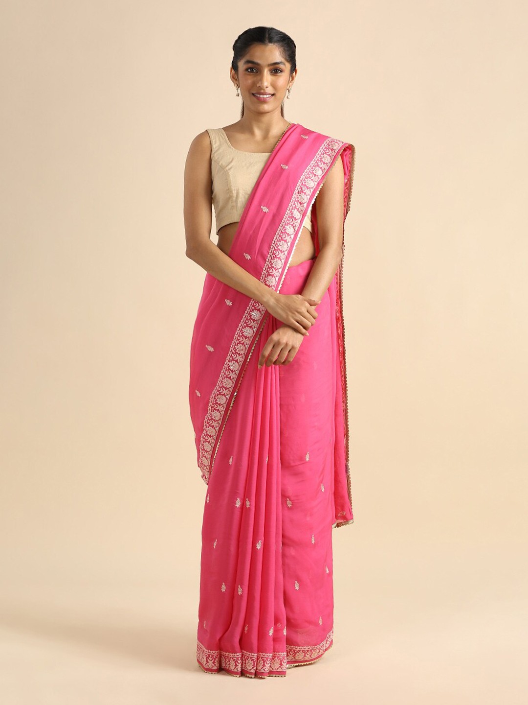 

Taneira Dark Pink & White Floral Embroidered Saree