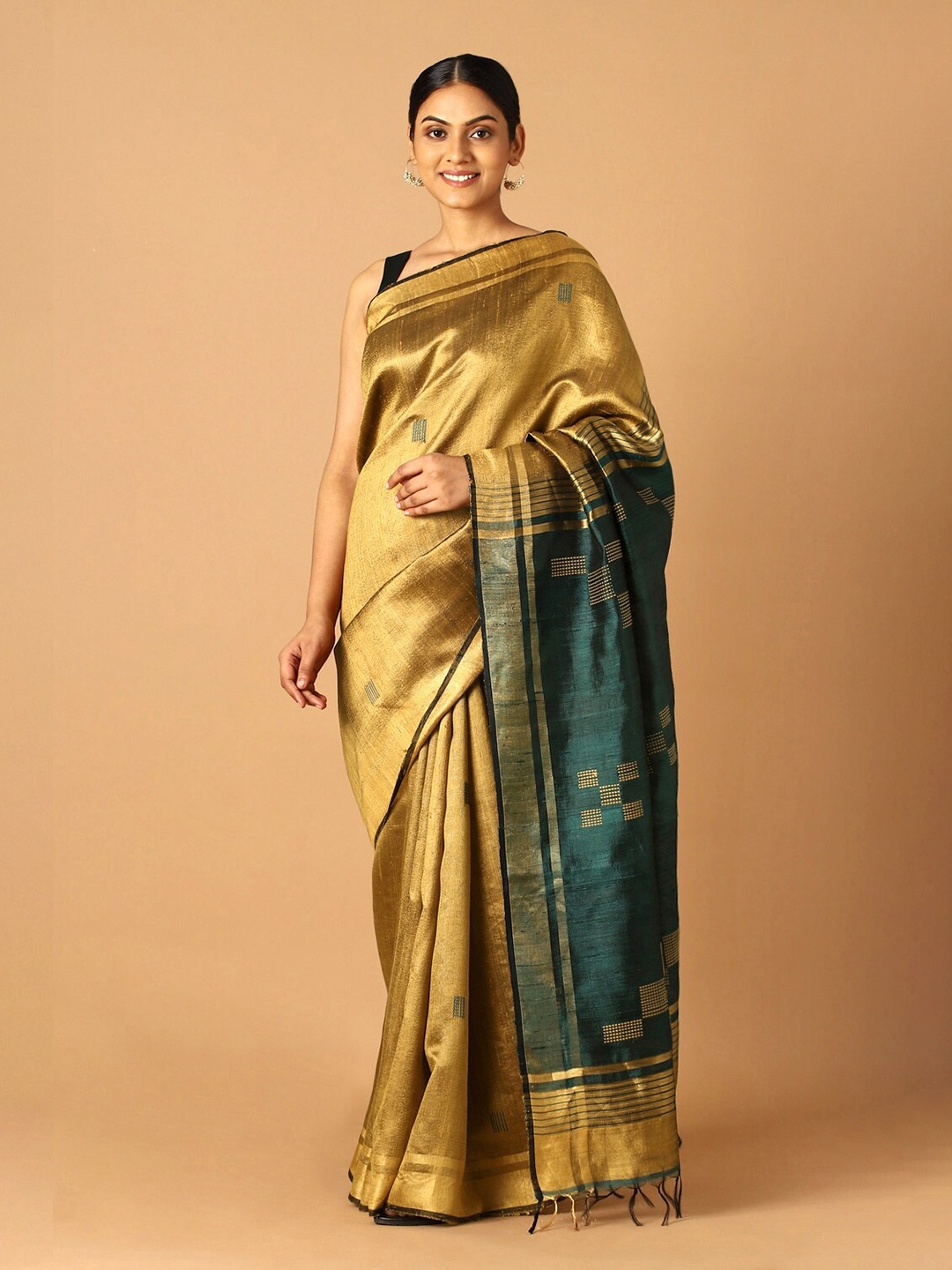 

Taneira Gold-Toned Woven Design Zari Pure Silk Bhagalpuri Saree
