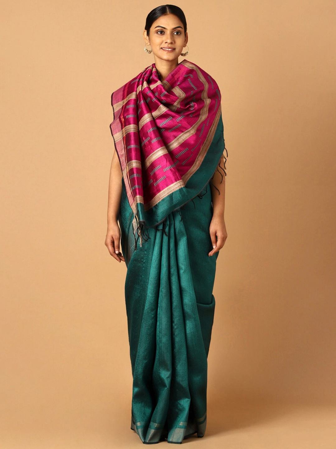 

Taneira Green & Pink Zari Pure Silk Bhagalpuri Saree