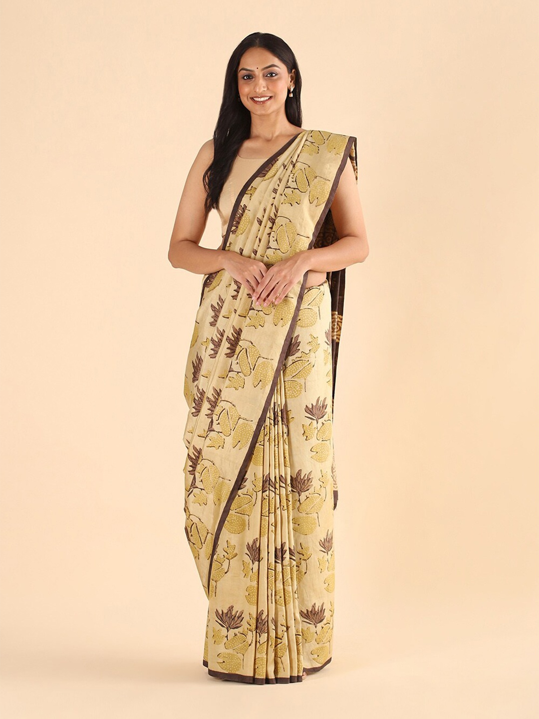 

Taneira Brown & Yellow Floral Pure Silk Block Print Saree