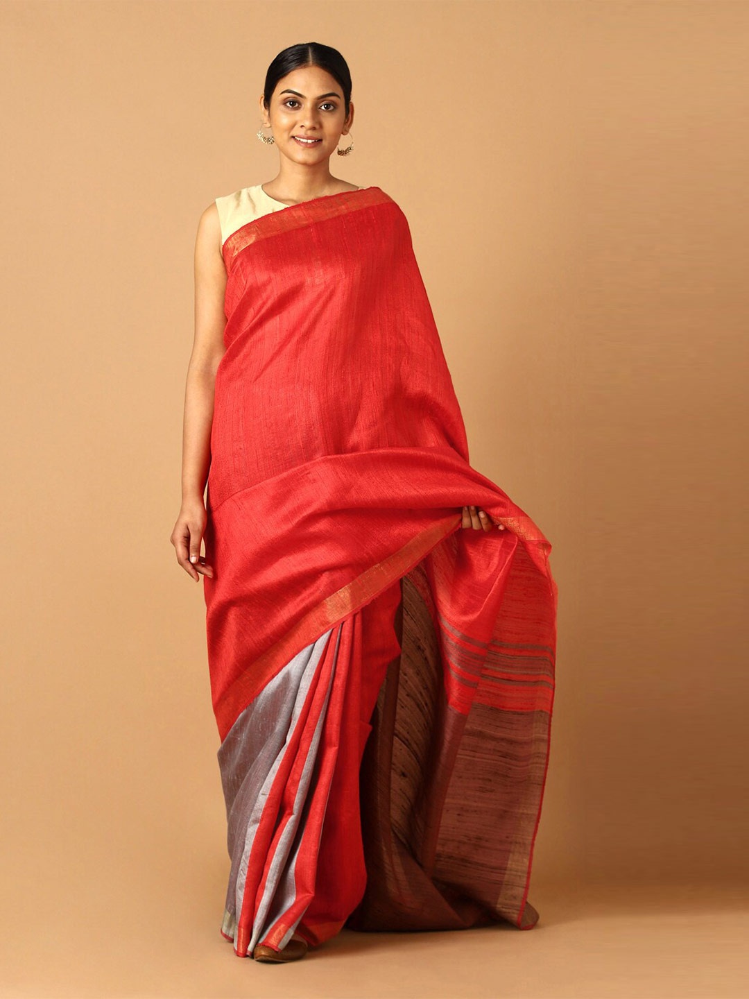 

Taneira Red & Grey Zari Pure Silk Bhagalpuri Saree