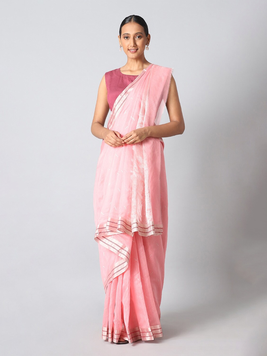 

Taneira Pink & Silver-Toned Silk Cotton Chanderi Saree