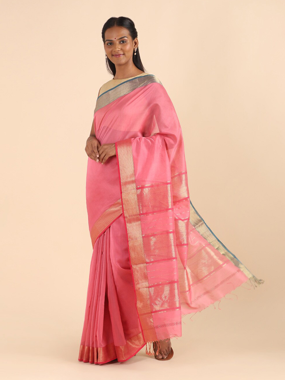 

Taneira Pink & Navy Blue Ethnic Motifs Zari Silk Cotton Maheshwari Saree