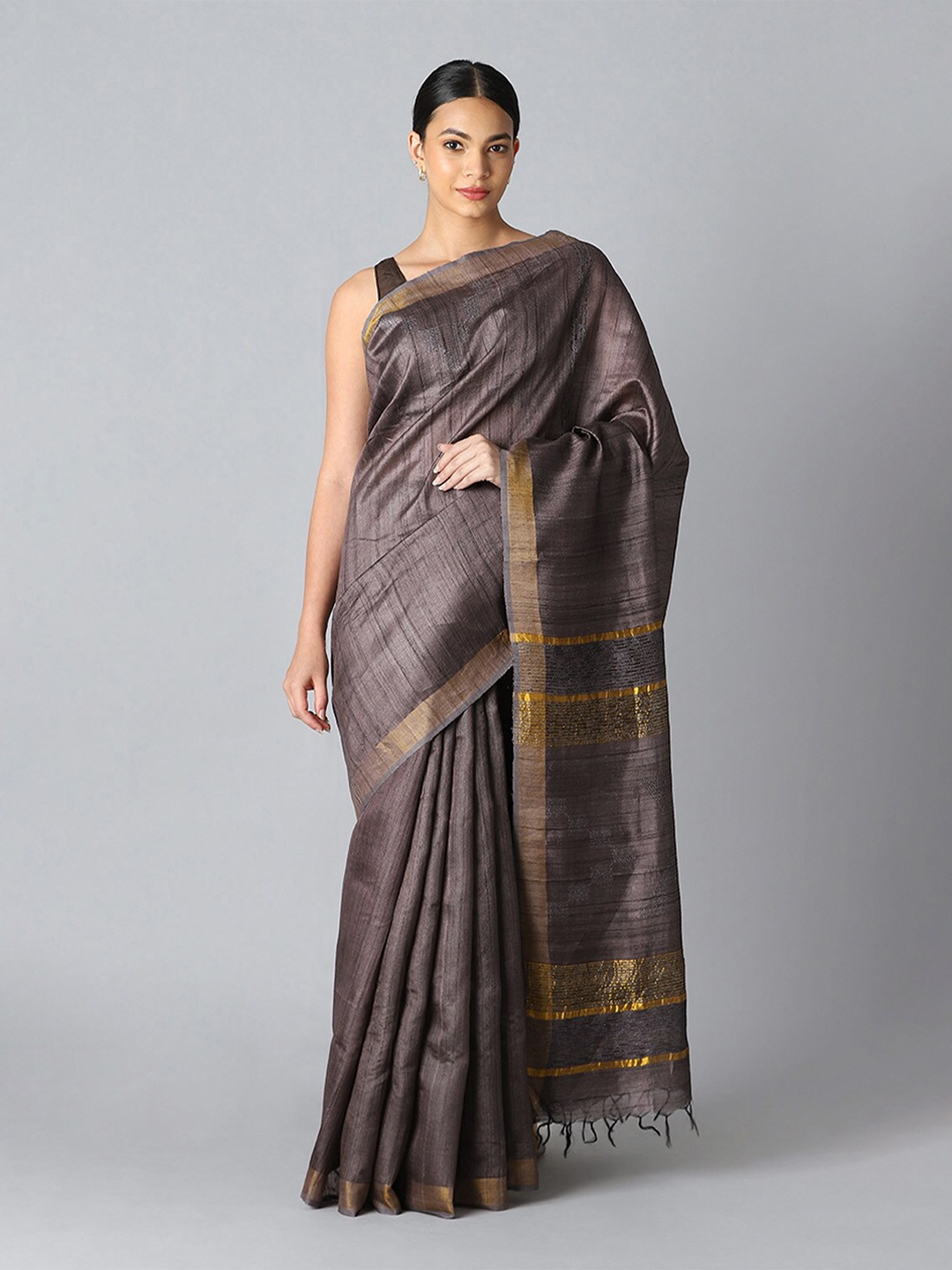 

Taneira Grey & Gold-Toned Woven Design Zari Pure Silk Bhagalpuri Saree