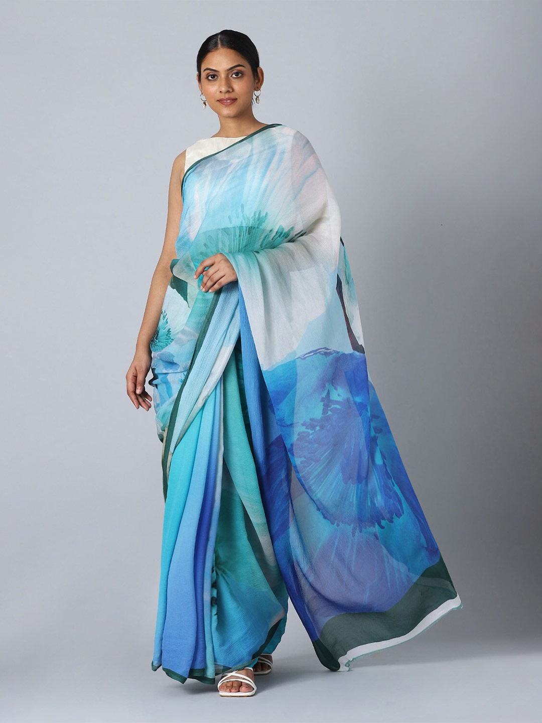 

Taneira Women Blue & White Pure Chiffon Saree