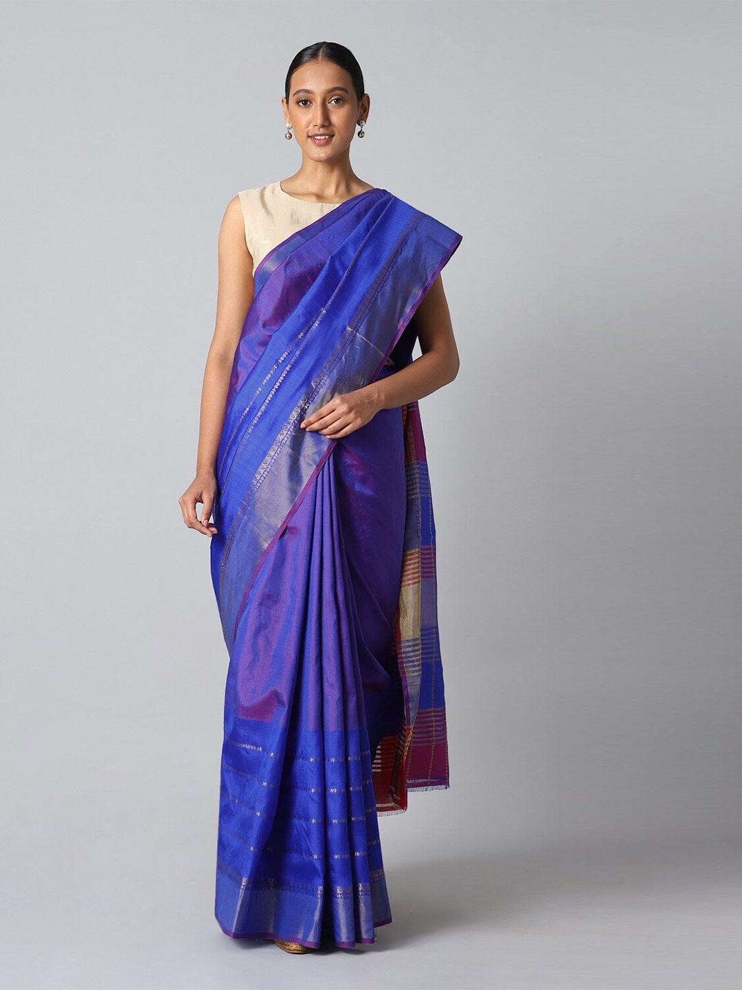 

Taneira Blue & Silver-Toned Woven Design Zari Pure Silk Saree