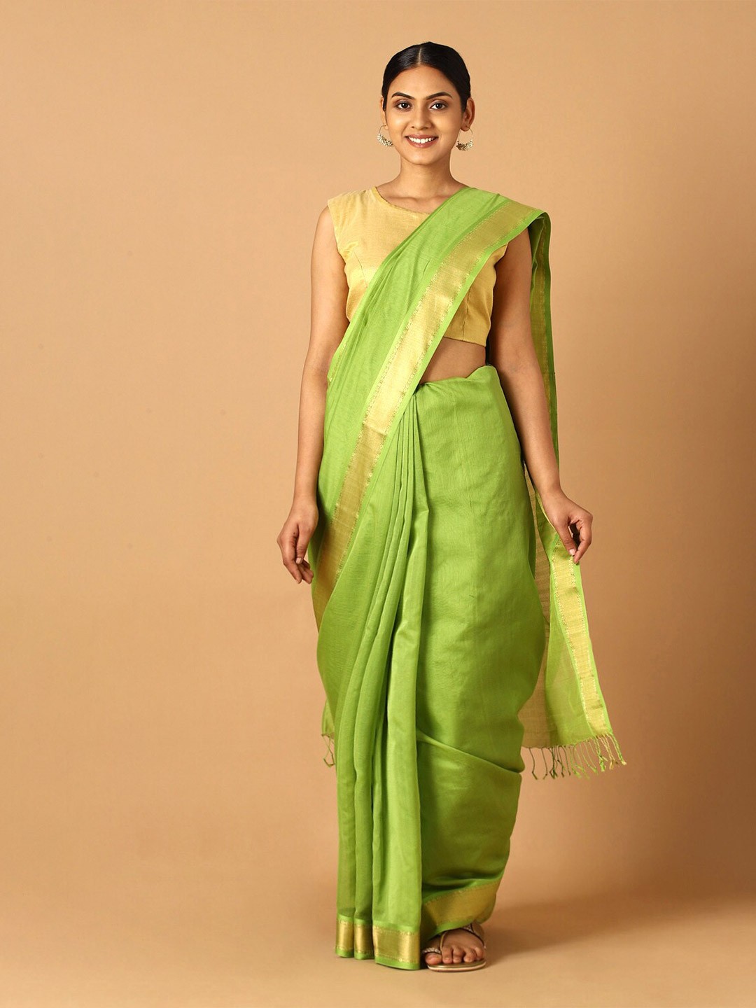 

Taneira Light Green & Gold-Toned Zari Silk Cotton Maheshwari Saree