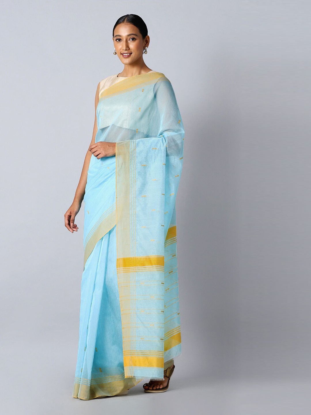 

Taneira Blue & Gold-Toned Zari Pure Cotton Chanderi Saree