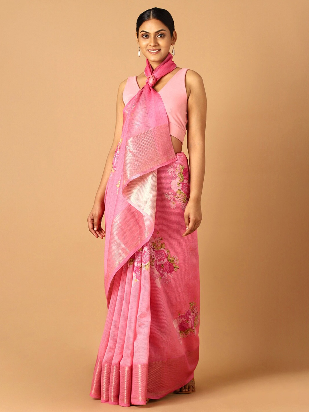 

Taneira Women Pink & Green Floral Zari Silk Cotton Saree
