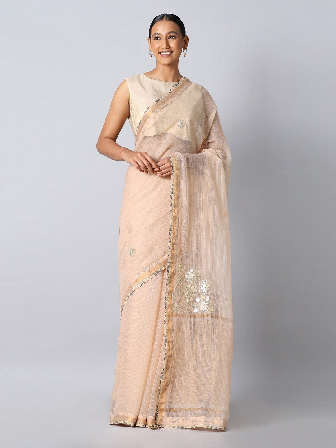 

Taneira Beige Floral Pure Silk Kota Saree