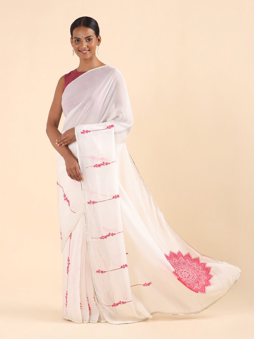 

Taneira Off White & Pink Floral Embroidered Saree