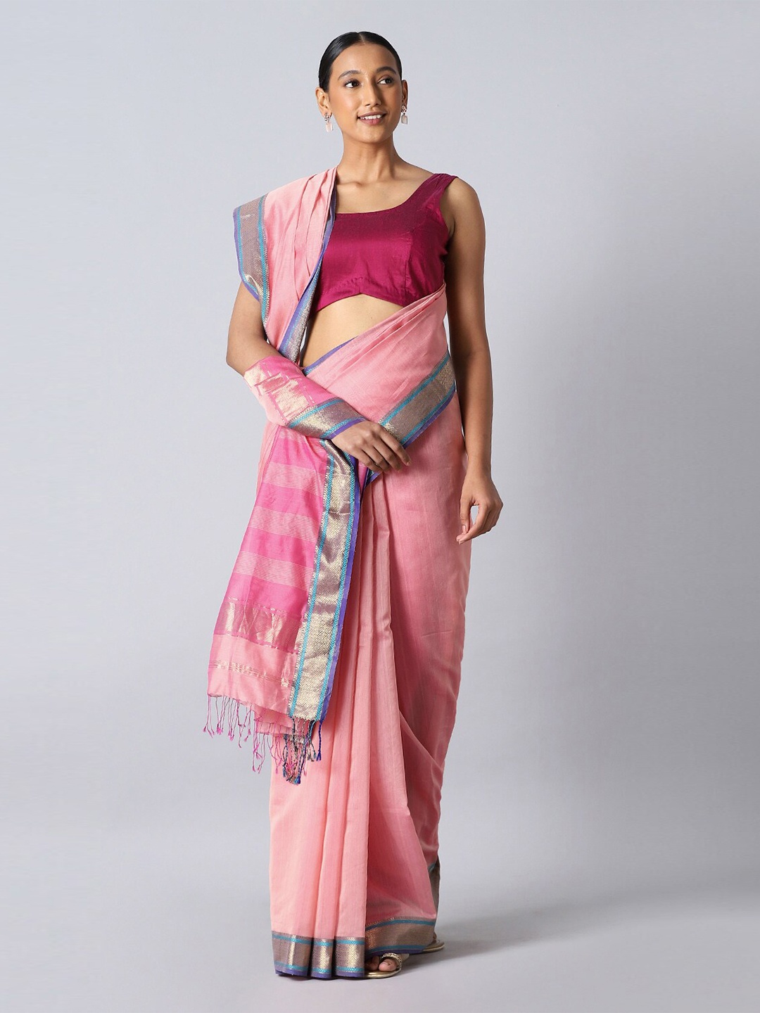 

Taneira Pink & Blue Zari Pure Cotton Maheshwari Saree