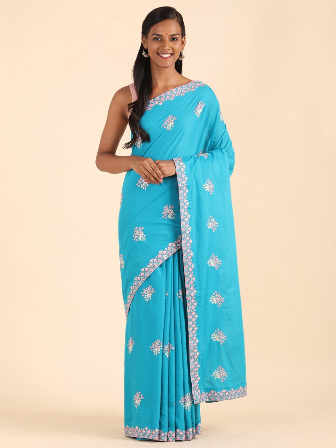 

Taneira Blue & Pink Floral Embroidered Pure Cotton Saree