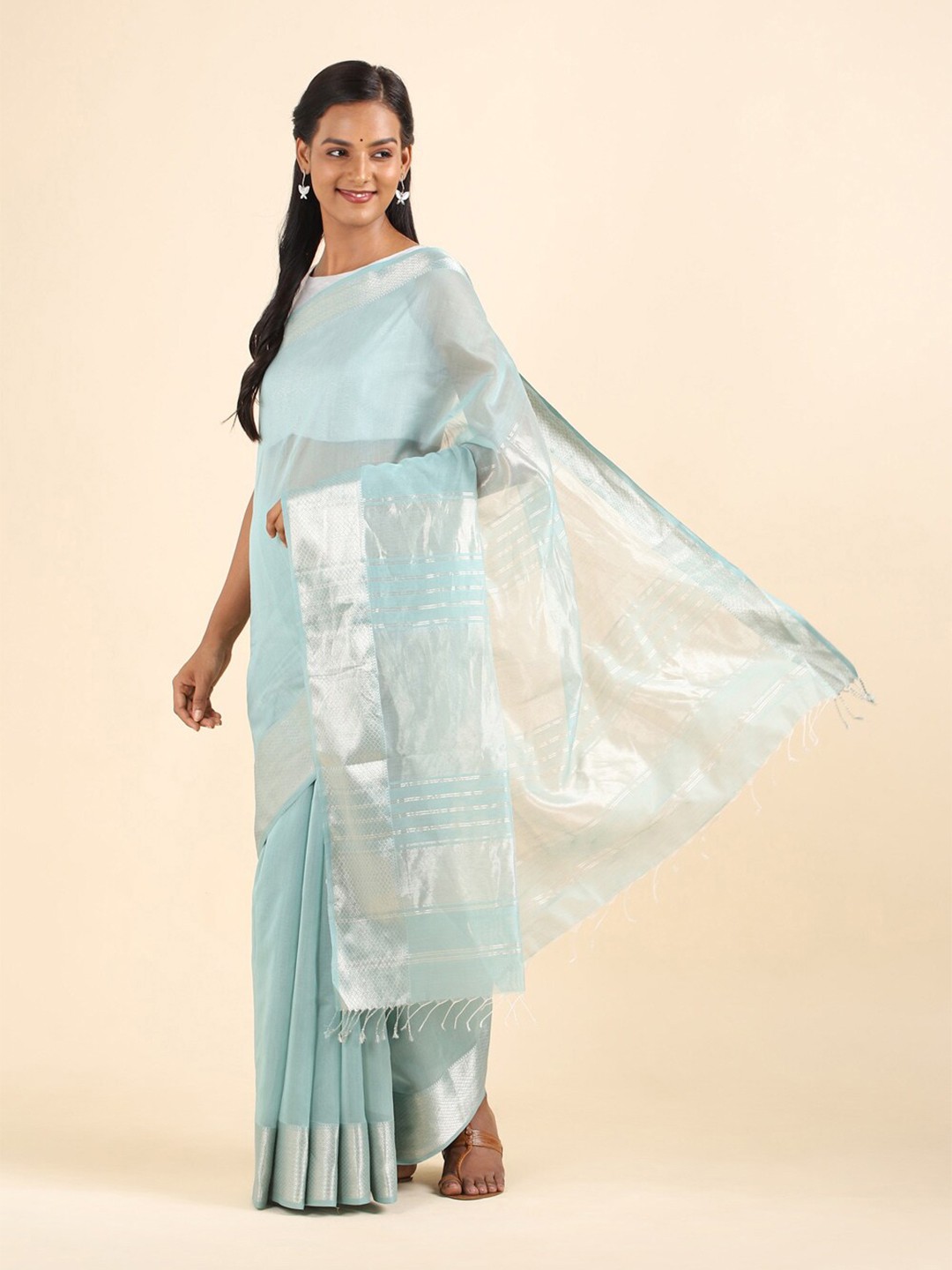 

Taneira Blue & Silver-Toned Zari Silk Cotton Maheshwari Saree