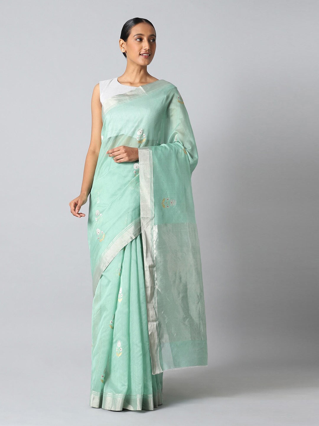 

Taneira Blue & Silver-Toned Woven Design Zari Silk Cotton Chanderi Saree