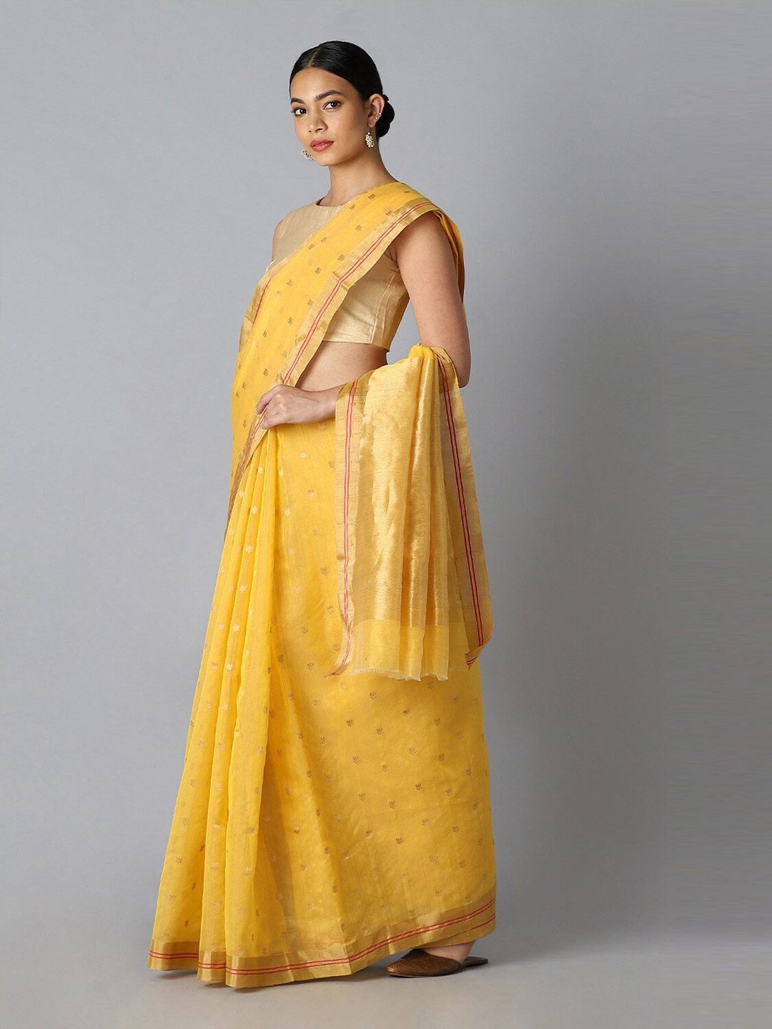 

Taneira Yellow & Gold-Toned Woven Design Zari Silk Cotton Chanderi Saree