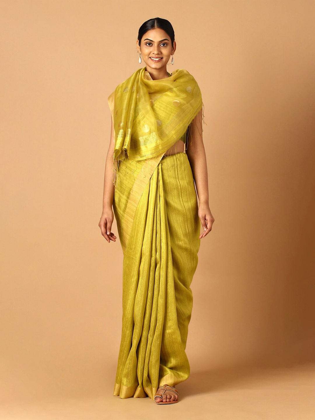 

Taneira Green & Gold-Toned Woven Design Zari Pure Silk Saree