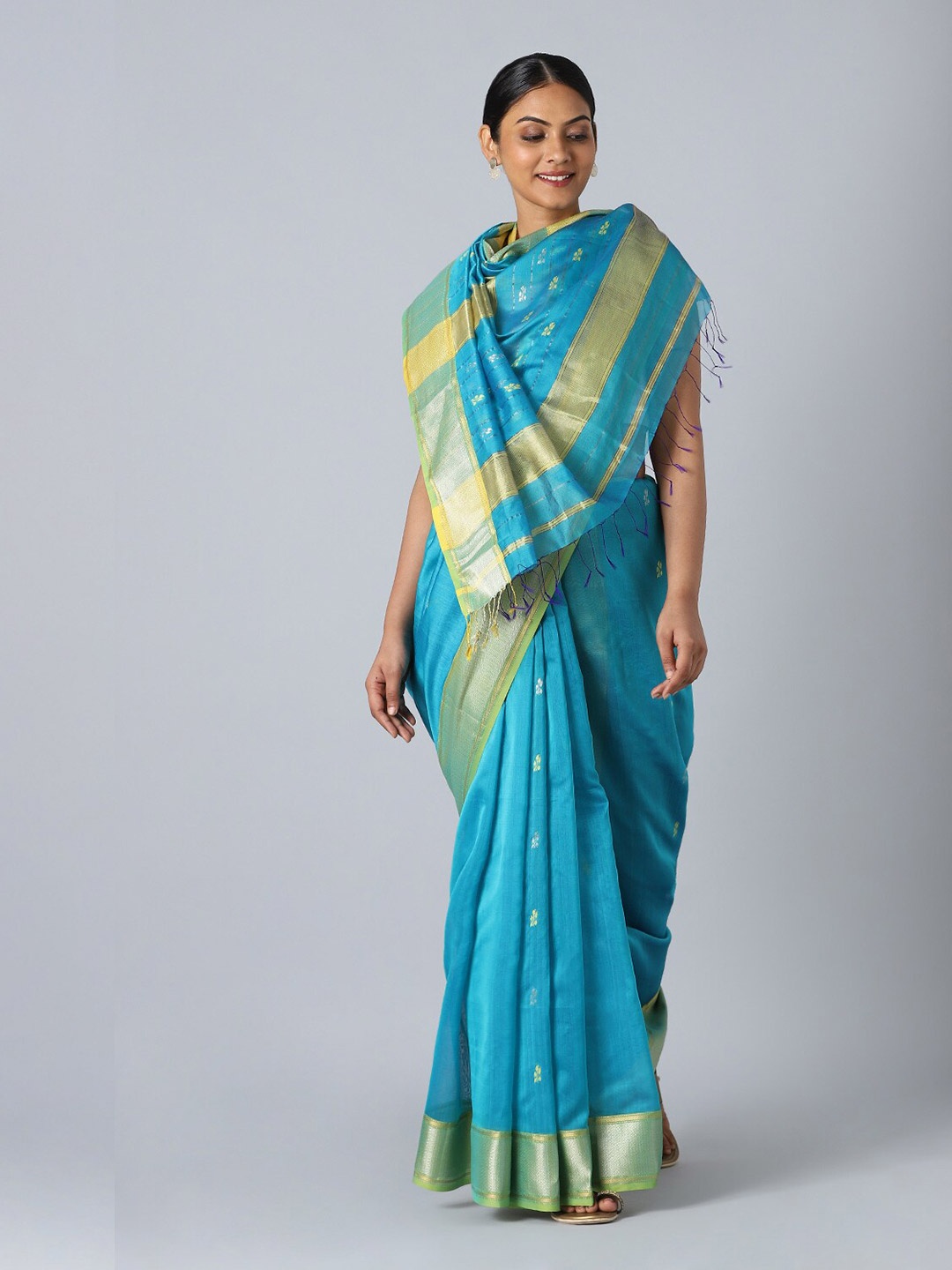 

Taneira Blue & Yellow Ethnic Motifs Silk Cotton Maheshwari Saree