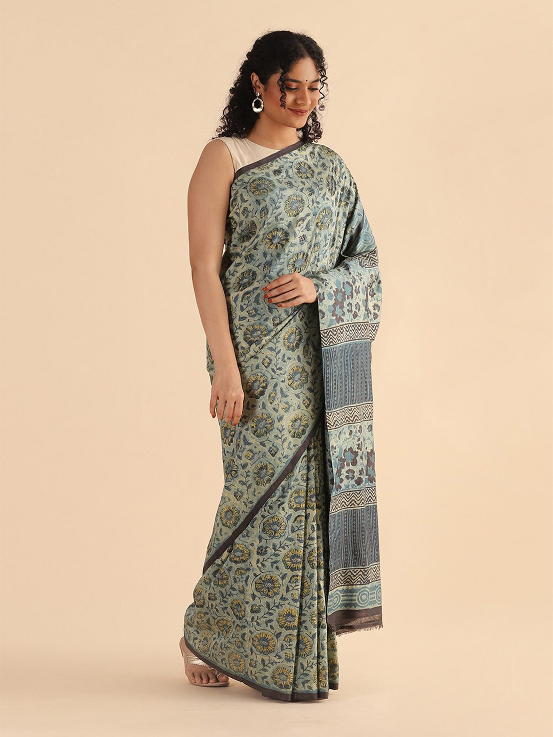 

Taneira Blue & Brown Pure Silk Block Print Saree