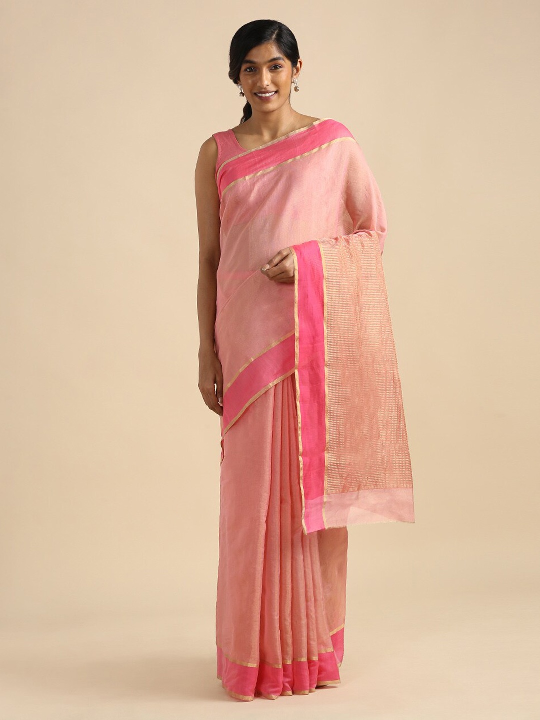 

Taneira Women Pink & Gold-Toned Zari Pure Cotton Chanderi Saree