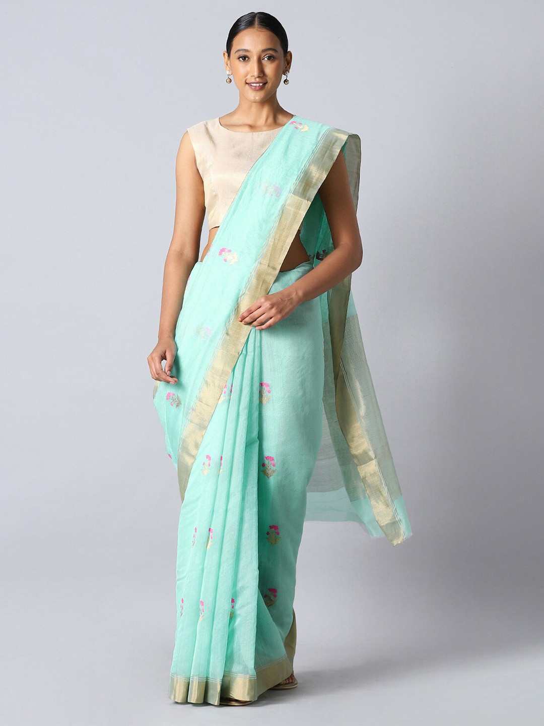 

Taneira Blue & Green Floral Zari Silk Cotton Chanderi Saree