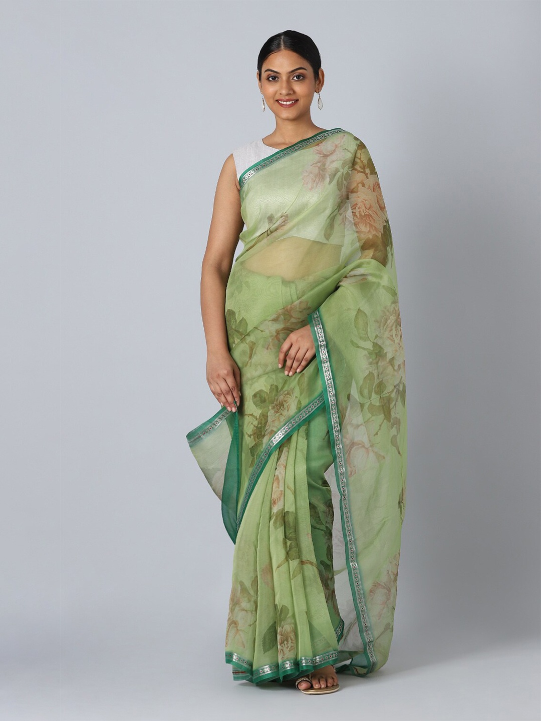 

Taneira Green & Silver-Toned Floral Organza Saree